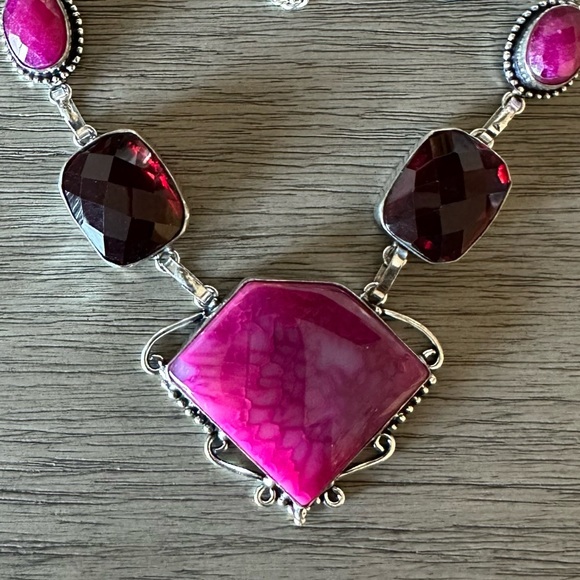 0886 Solar Agate Garnet Necklace Handmade Silver Gemstone Statement Jewelry - Picture 3 of 7